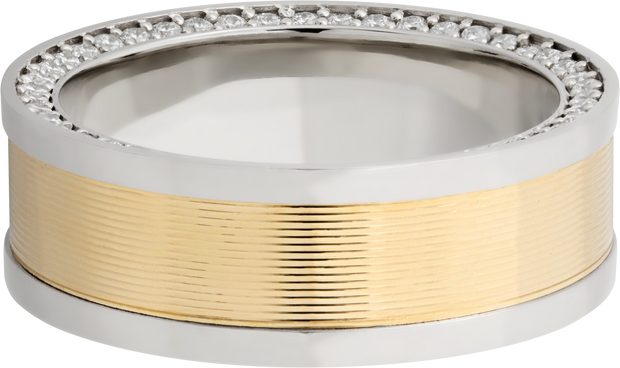 14K White gold 8mm flat band with an inlay of 14K yellow gold and bead-set .01ct side eternity diamonds