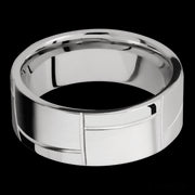 8 mm wide/Flat/14K White Gold band with a machined 3GOCHR pattern.