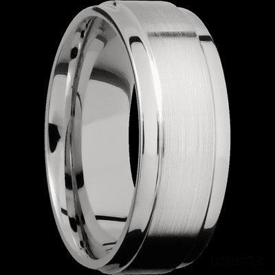 8 mm wide Flat Wide Grooved Edges 14K White Gold band.