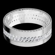 8 mm wide/Flat/14K White Gold band with a Side Eternity arrangement of .01 carat Round Diamond stones in a Bead Channel setting and featuring a a 2 Row Eternity arrangement of .015 carat Round Diamond stones in a Bead Channel setting