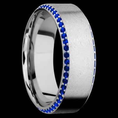 8 mm wide/High Bevel/14K White Gold band with a Bevel Eternity arrangement of .01 carat Round Sapphire stones in a Bead setting.