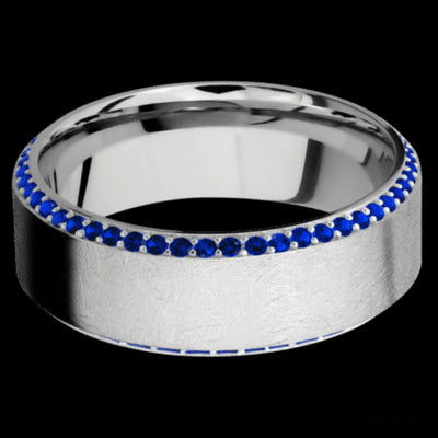 8 mm wide/High Bevel/14K White Gold band with a Bevel Eternity arrangement of .01 carat Round Sapphire stones in a Bead setting.