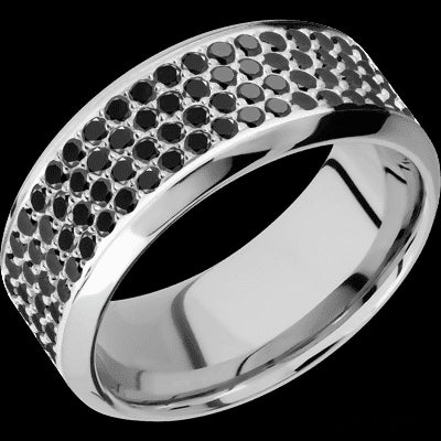 9 mm wide/High Bevel/14K White Gold band with a 4 Row Half Eternity arrangement of .015 carat Round Black Diamond stones in a Bead Channel setting.