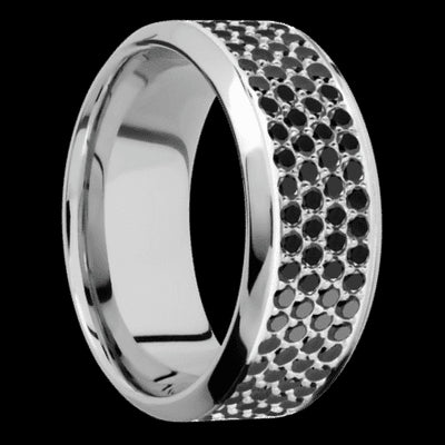 9 mm wide/High Bevel/14K White Gold band with a 4 Row Half Eternity arrangement of .015 carat Round Black Diamond stones in a Bead Channel setting.