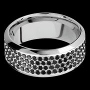 9 mm wide/High Bevel/14K White Gold band with a 4 Row Half Eternity arrangement of .015 carat Round Black Diamond stones in a Bead Channel setting.