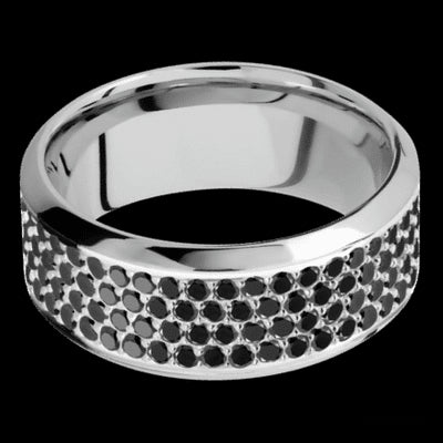 9 mm wide/High Bevel/14K White Gold band with a 4 Row Half Eternity arrangement of .015 carat Round Black Diamond stones in a Bead Channel setting.