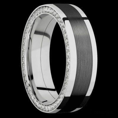 7 mm wide/Flat/14K White Gold band with  one 4 mm Centered inlay of Zirconium and featuring a Side Eternity arrangement of .01 carat Round Diamond stones in a Bead Channel setting