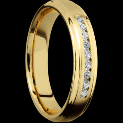 5 mm wide/Flat Grooved Edges/14K Yellow Gold band with an  arrangement of 9, .03 carat Round Diamond stones in a Channel setting.