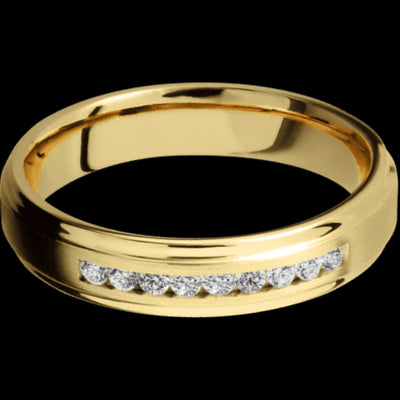 5 mm wide/Flat Grooved Edges/14K Yellow Gold band with an  arrangement of 9, .03 carat Round Diamond stones in a Channel setting.