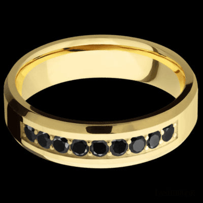 6 mm wide/Beveled/14K Yellow Gold band with an  arrangement of 9, .05 carat Round Black Diamond stones in a Bead Channel setting.