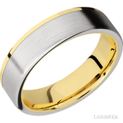 6 mm wide/Flat/14K Yellow Gold band with one 5 mm Off Center Edge inlay of Cobalt Chrome.