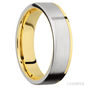 6 mm wide/Flat/14K Yellow Gold band with one 5 mm Off Center Edge inlay of Cobalt Chrome.