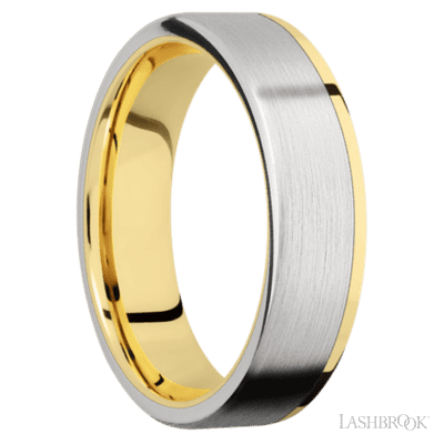 6 mm wide/Flat/14K Yellow Gold band with one 5 mm Off Center Edge inlay of Cobalt Chrome.