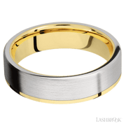 6 mm wide/Flat/14K Yellow Gold band with one 5 mm Off Center Edge inlay of Cobalt Chrome.