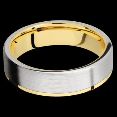 6 mm wide/Flat/14K Yellow Gold band with one 5 mm Off Center Edge inlay of Cobalt Chrome.