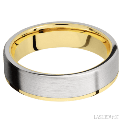 6 mm wide/Flat/14K Yellow Gold band with one 5 mm Off Center Edge inlay of Cobalt Chrome.