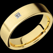 6 mm wide/Flat/14K Yellow Gold band with an  arrangement of 1, .1 carat Princess Diamond stones in a Flush setting.