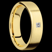 6 mm wide/Flat/14K Yellow Gold band with an  arrangement of 1, .1 carat Princess Diamond stones in a Flush setting.