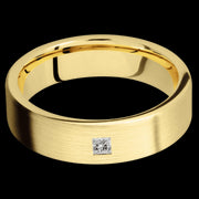 6 mm wide/Flat/14K Yellow Gold band with an  arrangement of 1, .1 carat Princess Diamond stones in a Flush setting.