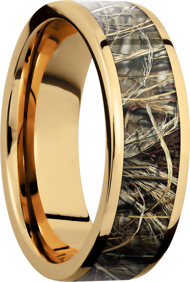 14K Yellow  Gold 7mm flat band with a 5mm inlay of Realtree Advantage Max4 Camo