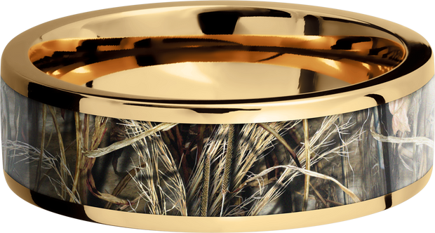 14K Yellow  Gold 7mm flat band with a 5mm inlay of Realtree Advantage Max4 Camo