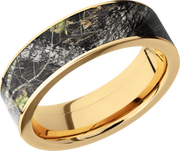 14K Yellow Gold 7mm flat band with a 6mm inlay of Mossy Oak Break Up Camo