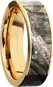 14K Yellow Gold 7mm flat band with a 6mm inlay of Mossy Oak Treestand Camo