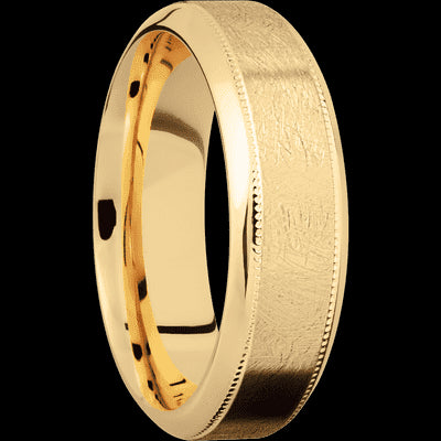 7 mm wide High Bevel Milgrain 14K Yellow Gold band.