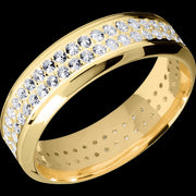 7 mm wide/High Bevel/14K Yellow Gold band with a 2 Row Eternity arrangement of .015 carat Round Diamond stones in a Bead Channel setting.