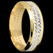 7 mm wide/High Bevel/14K Yellow Gold band with a 2 Row Eternity arrangement of .015 carat Round Diamond stones in a Bead Channel setting.