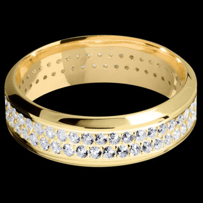 7 mm wide/High Bevel/14K Yellow Gold band with a 2 Row Eternity arrangement of .015 carat Round Diamond stones in a Bead Channel setting.