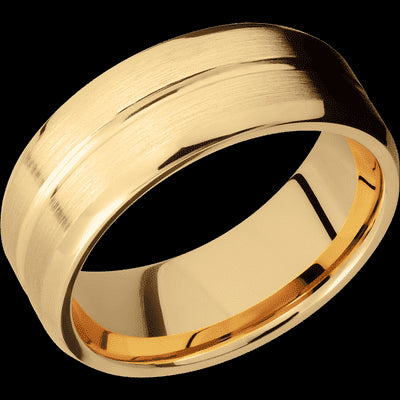 8 mm wide Beveled with Center Accent Groove 14K Yellow Gold band.