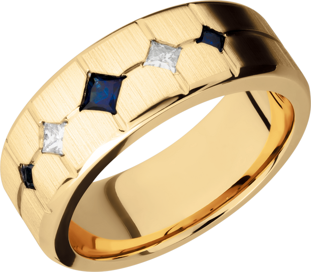 14K Yellow gold 8mm beveled band with 3 sapphires and 2 diamonds