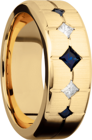 14K Yellow gold 8mm beveled band with 3 sapphires and 2 diamonds