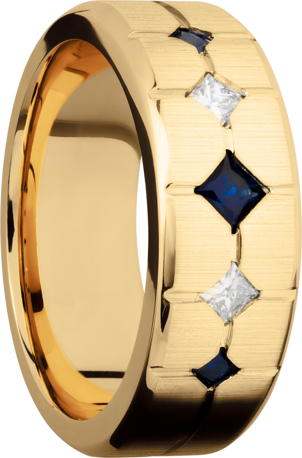 14K Yellow gold 8mm beveled band with 3 sapphires and 2 diamonds