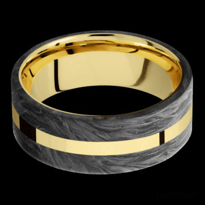 8 mm wide/Flat/14K Yellow Gold band with two 3 mm Double Off Center Edge inlays of Forged Carbon Fiber.