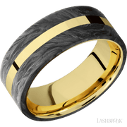 8 mm wide/Flat/14K Yellow Gold band with two 3 mm Double Off Center Edge inlays of Forged Carbon Fiber.