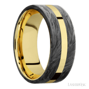 8 mm wide/Flat/14K Yellow Gold band with two 3 mm Double Off Center Edge inlays of Forged Carbon Fiber.