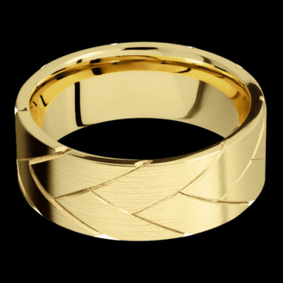 8 mm wide/Flat/14K Yellow Gold band with a machined Flatbraid pattern.