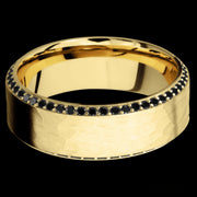 8 mm wide/High Bevel/14K Yellow Gold band with a Bevel Eternity arrangement of .01 carat Round Black Diamond stones in a Bead setting.