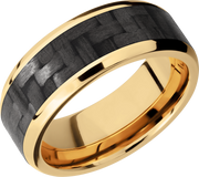 14K Yellow Gold 8mm beveled band with a 5mm inlay of black Carbon Fiber