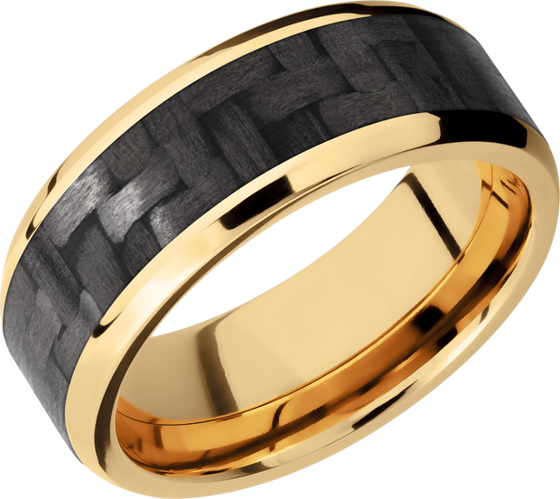 14K Yellow Gold 8mm beveled band with a 5mm inlay of black Carbon Fiber