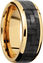 14K Yellow Gold 8mm beveled band with a 5mm inlay of black Carbon Fiber