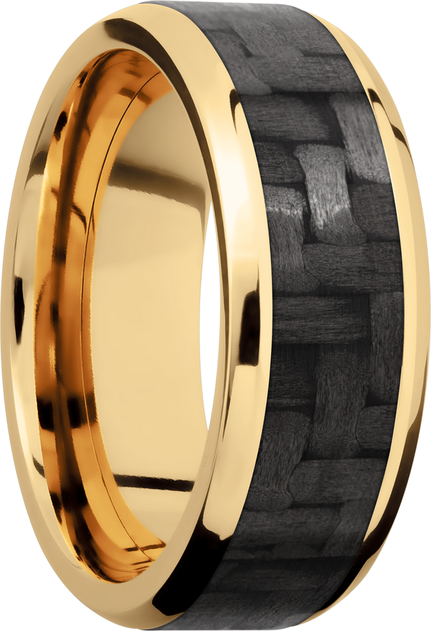 14K Yellow Gold 8mm beveled band with a 5mm inlay of black Carbon Fiber