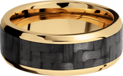 14K Yellow Gold 8mm beveled band with a 5mm inlay of black Carbon Fiber