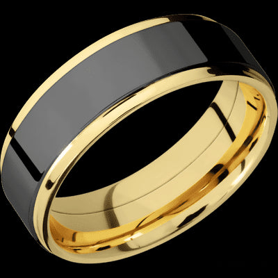 7 mm wide/Flat Grooved Edges/14K Yellow Gold band with one 5 mm Raised Centered inlay of Zirconium.