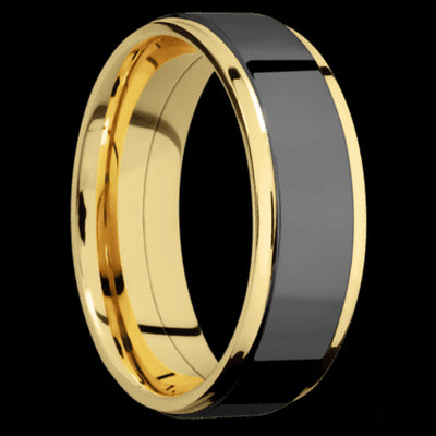 7 mm wide/Flat Grooved Edges/14K Yellow Gold band with one 5 mm Raised Centered inlay of Zirconium.