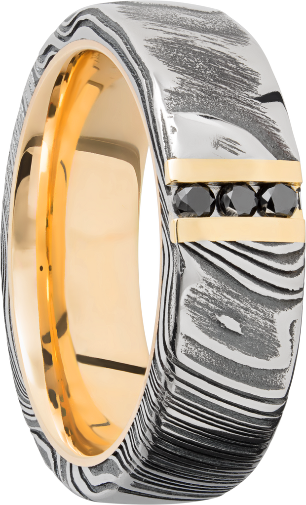 Handmade 7mm Woodgrain Damascus steel band featuring 3, .03ct channel-set black diamonds and a 14K yellow gold sleeve