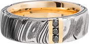 Handmade 7mm Woodgrain Damascus steel band featuring 3, .03ct channel-set black diamonds and a 14K yellow gold sleeve