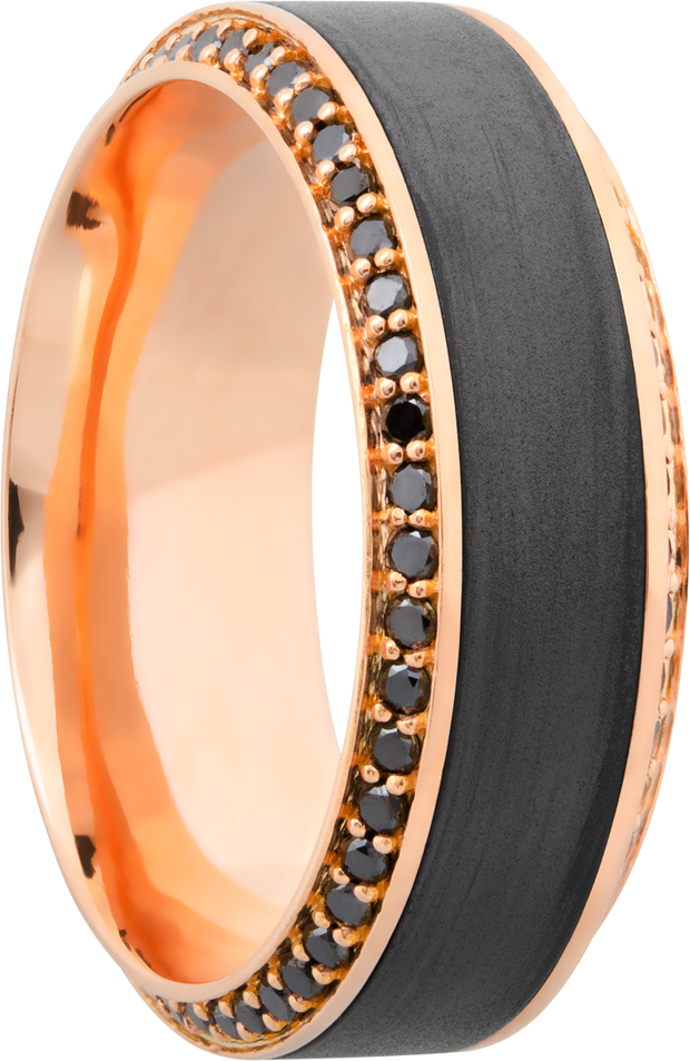 18K Rose gold 8.5mm beveled band with an inlay of zirconium and bead-set eternity black diamonds